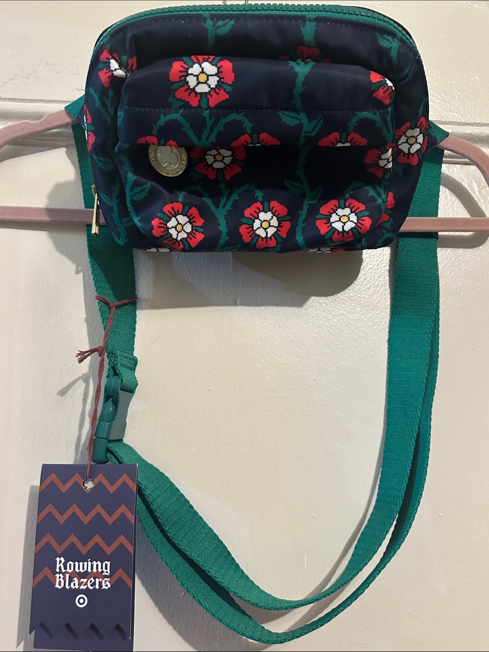 NWT Rowing Blazers Navy Floral Crossbody belt bag with Green Strap.